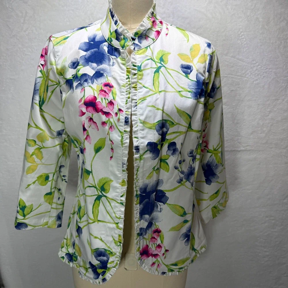 Chicos Size‎ 1 M Floral Ruffle Trim Open Front Jacket White Blue Pink Green